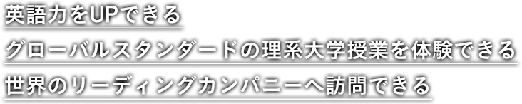 英語力をUPできる
グローバルスタンダードの理系大学授業を体験できる
世界のリーディングカンパニーへ訪問できる