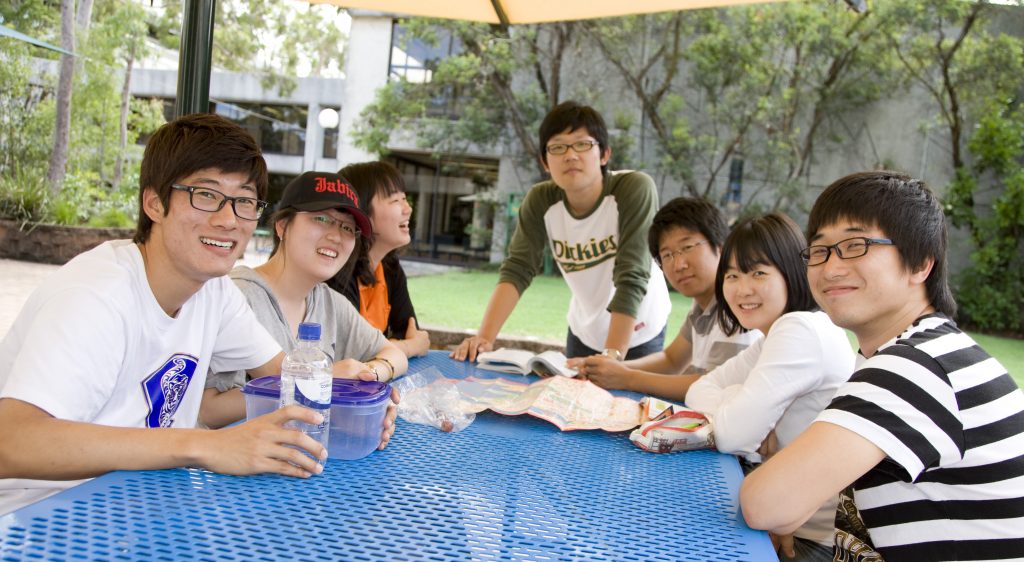 Korean Students at Mt Gravatt Campus. L to R: Park Ding Myung, Seo Yuri, Kang Mun-Young, Kim Ju Young and Namsik Kim, Boram Sim and Inkyu Oh